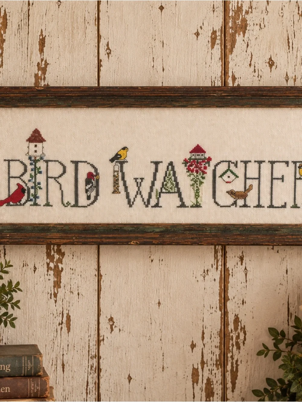 Vintage Bird Watcher Framed Cross-Stitch Wall Decor